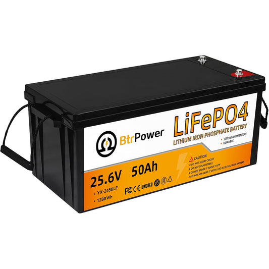 BtrPower 24V 50AH LiFePO4 Battery for RV, Solar System, Trolling Motor, Off-grid System, Golf Cart