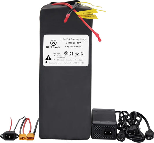 BtrPower 36V 14AH Ebike Battery  LiFePO4 Battery Pack with 3A Charger 30A BMS for 0W-500W Motor