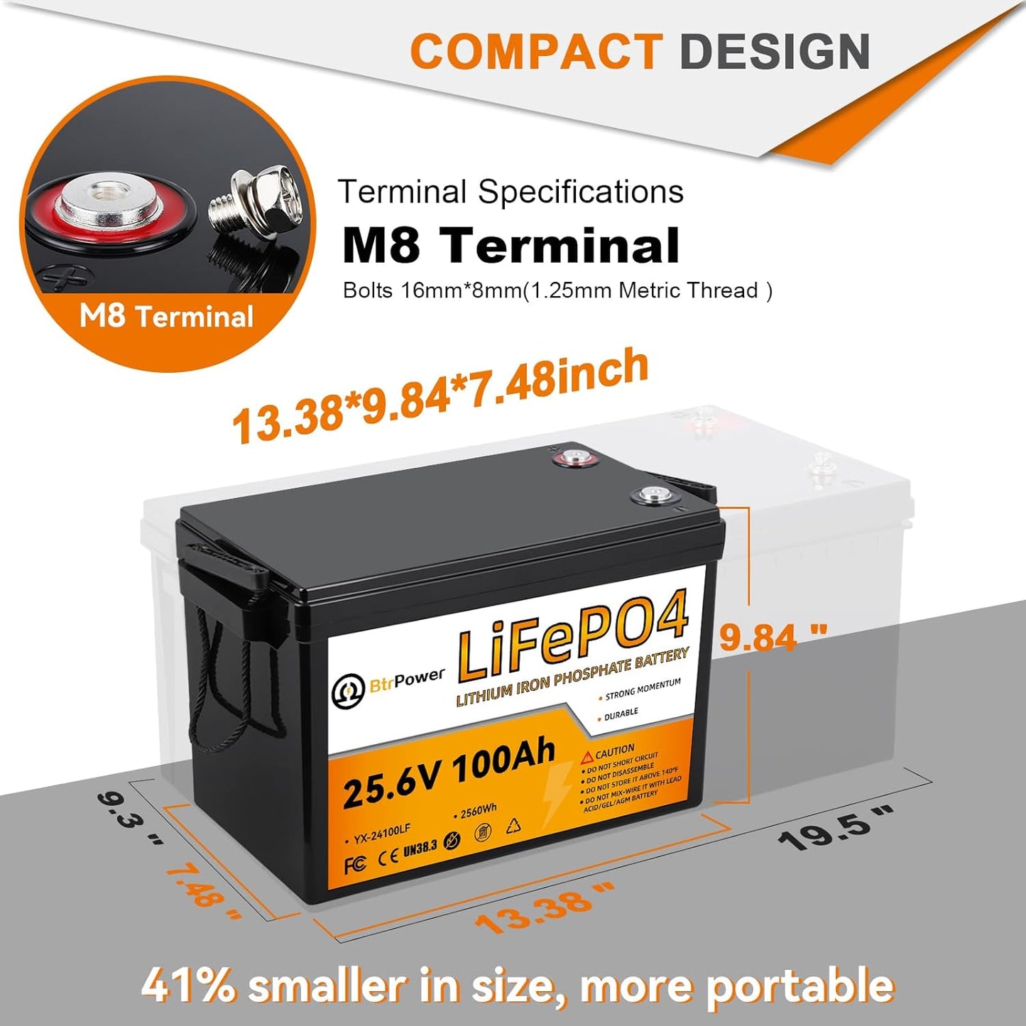 24V 100Ah LiFePO4 Battery BtrPower Lithium for RV Marine Solar System 100A BMS