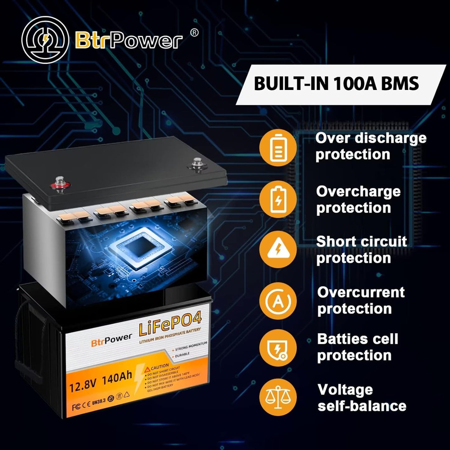 BtrPower 12V 100AH 140AH LiFePO4 Battery for RV, Solar System, Trolling Motor, Off-grid System, Golf Cart