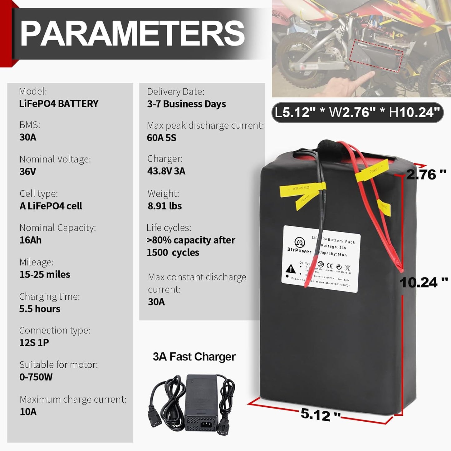 BtrPower Ebike Battery 36V 16AH LiFePo4 Battery Pack with 3A Charger, 30A BMS