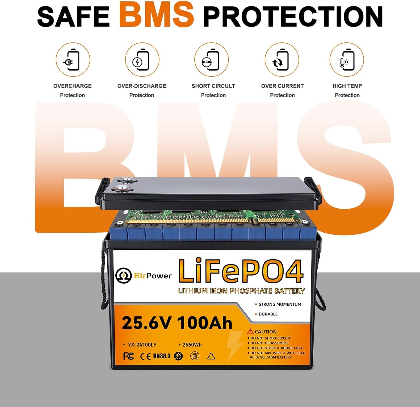 24V 100Ah LiFePO4 Battery BtrPower Lithium for RV Marine Solar System 100A BMS