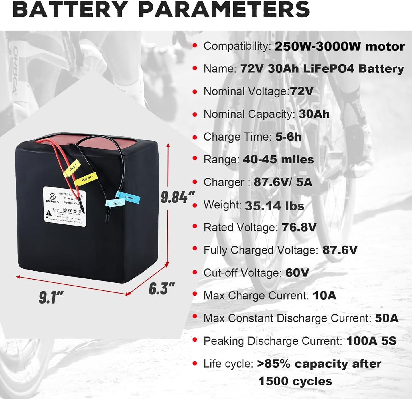 BtrPower Ebike Battery 72V 30AH LiFePO4 Battery Pack with 5A Charger 50A BMS