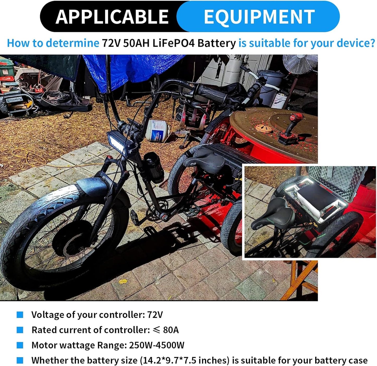 BtrPower Ebike Battery 72V 50AH Lithium LiFePO4 Battery Pack with 80A BMS,5A Charger