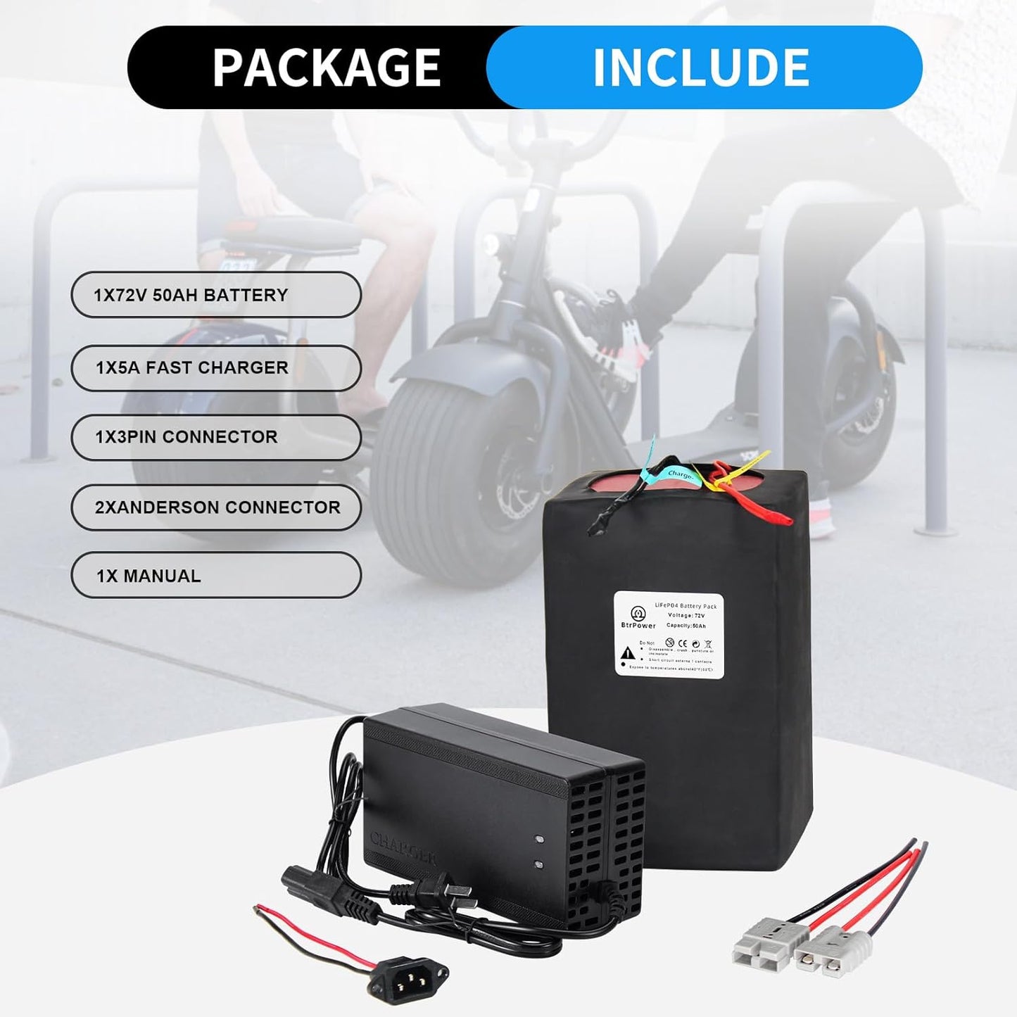 BtrPower Ebike Battery 72V 50AH Lithium LiFePO4 Battery Pack with 80A BMS,5A Charger