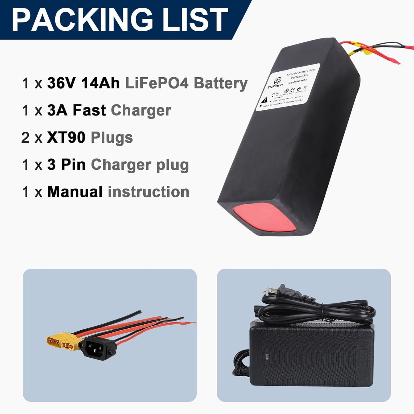 BtrPower 36V 14AH Ebike Battery LiFePO4 Battery Pack with 3A Charger 30A BMS for 0W-500W Motor