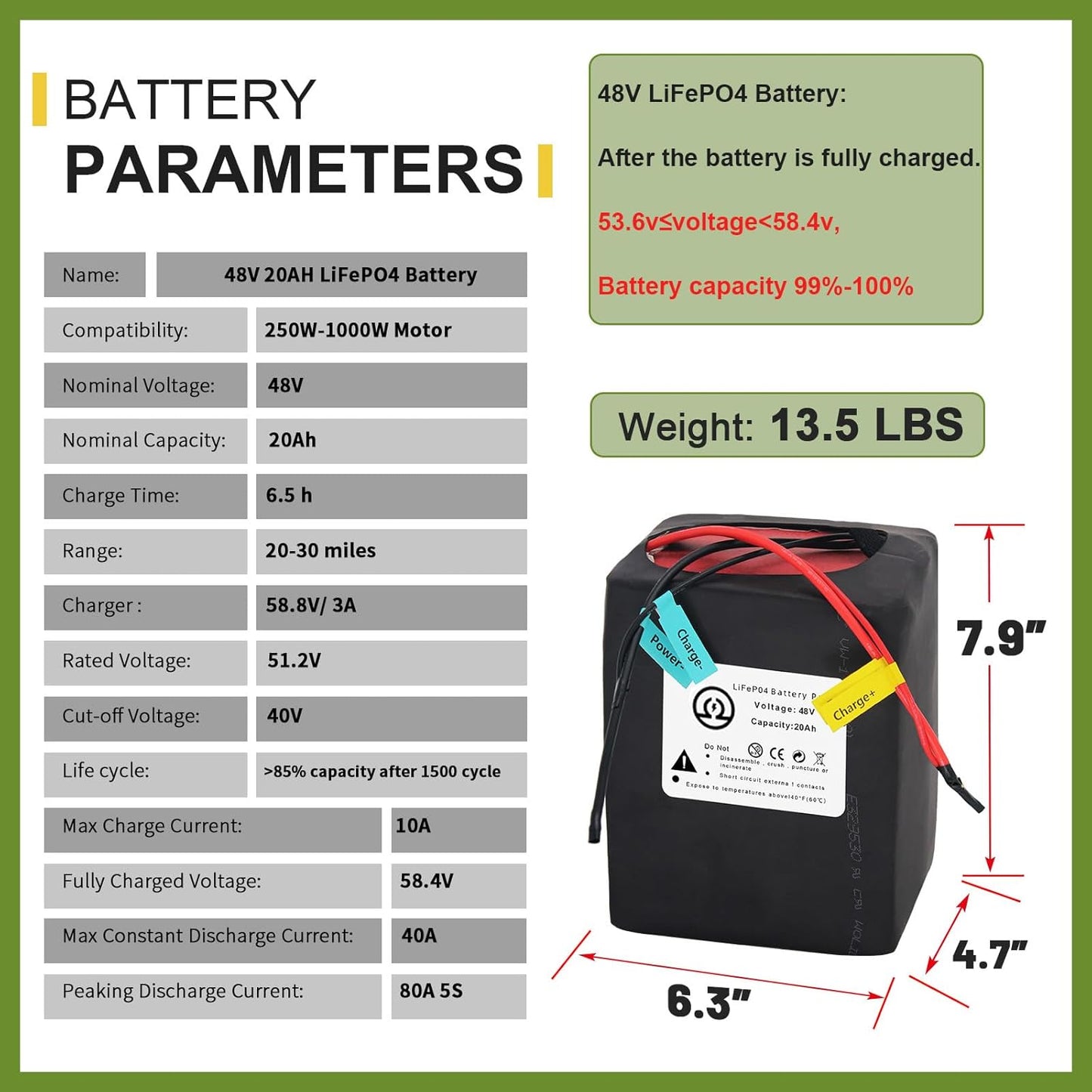 BtrPower Ebike Battery 48V 20AH LiFePO4 Battery Pack with 3A Charger,40A BMS