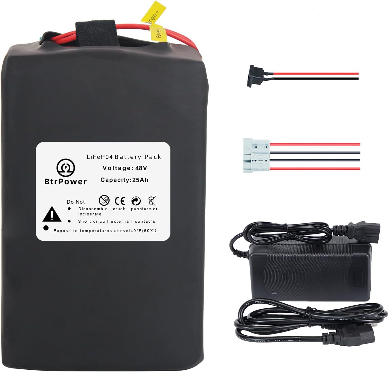BtrPower Ebike Battery 48V 25AH LiFePo4 Battery Pack with 5A Charger, 40A BMS