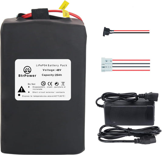 BtrPower Ebike Battery 48V 25AH LiFePo4 Battery Pack with 5A Charger, 40A BMS
