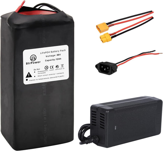 BtrPower 36V 12AH Ebike Battery  LiFePO4 Battery Pack with 3A Charger 30A BMS for 0W-500W Motor