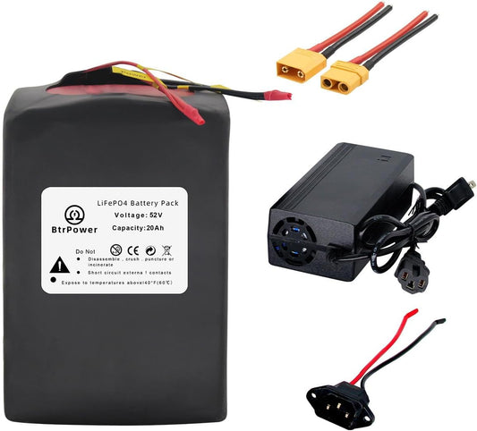 BtrPower EBike Battery 52V 20AH LiFePO4 Battery Pack with 3A Charger, 40A BMS