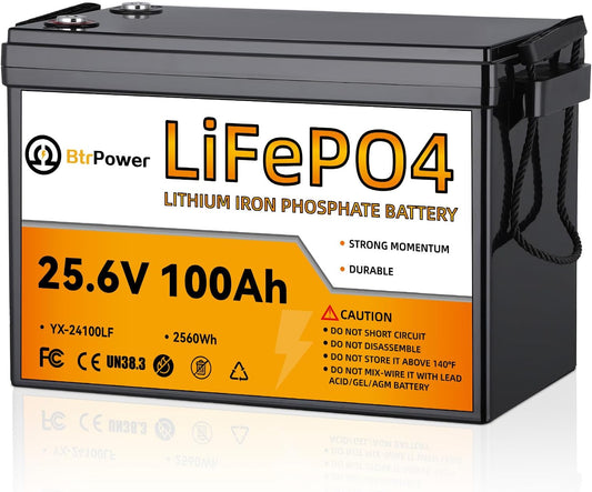 24V 100Ah BtrPower Lithium LiFePO4 Battery for RV Marine Solar System 100A BMS