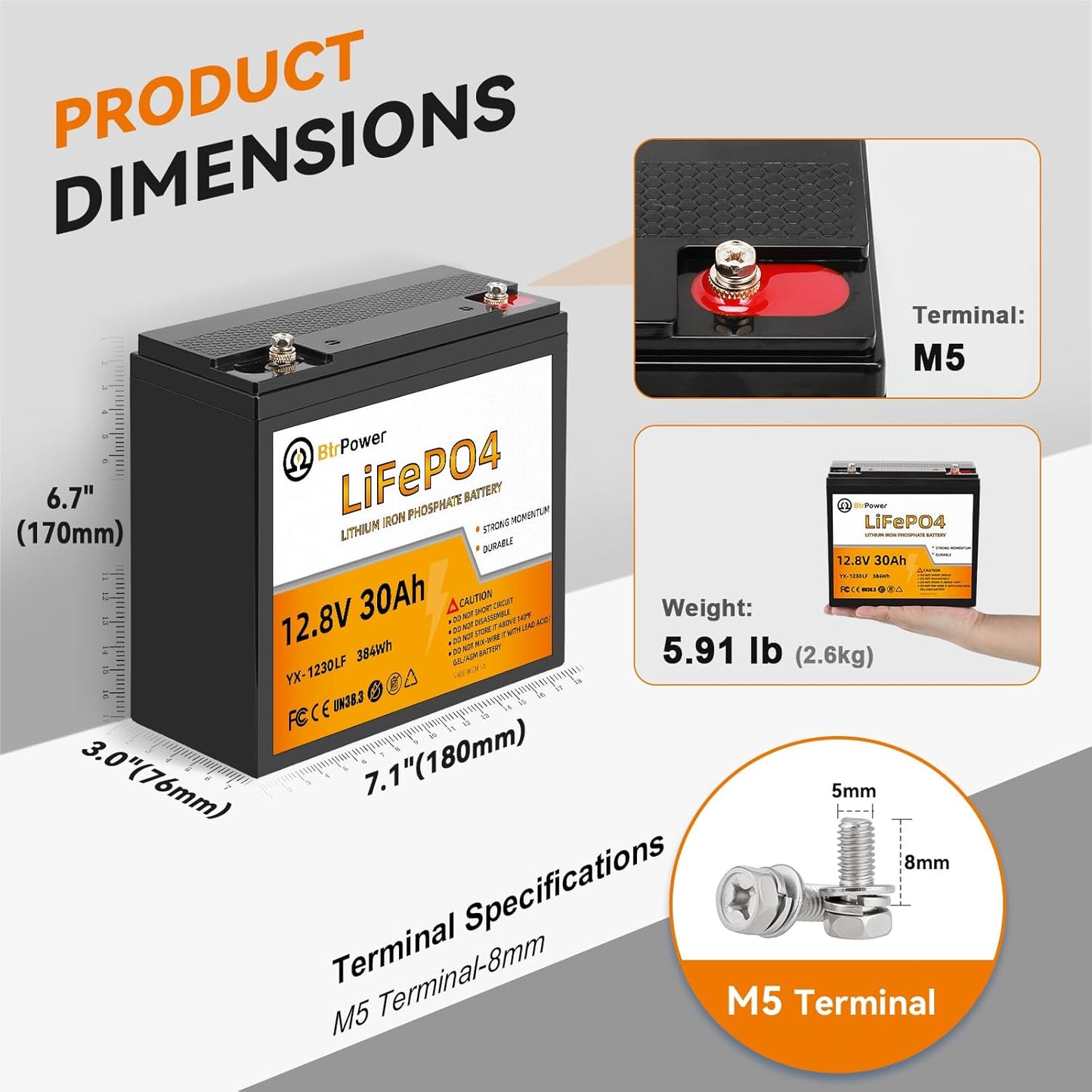 BtrPower 12V 30AH LiFePO4 Battery for RV,Solar System,Trolling motor with 30A BMS