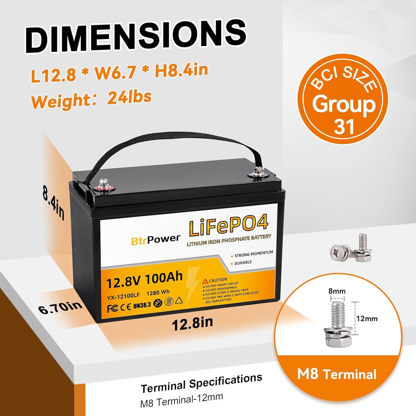 BtrPower 12V 100AH 140AH LiFePO4 Battery for RV, Solar System, Trolling Motor, Off-grid System, Golf Cart