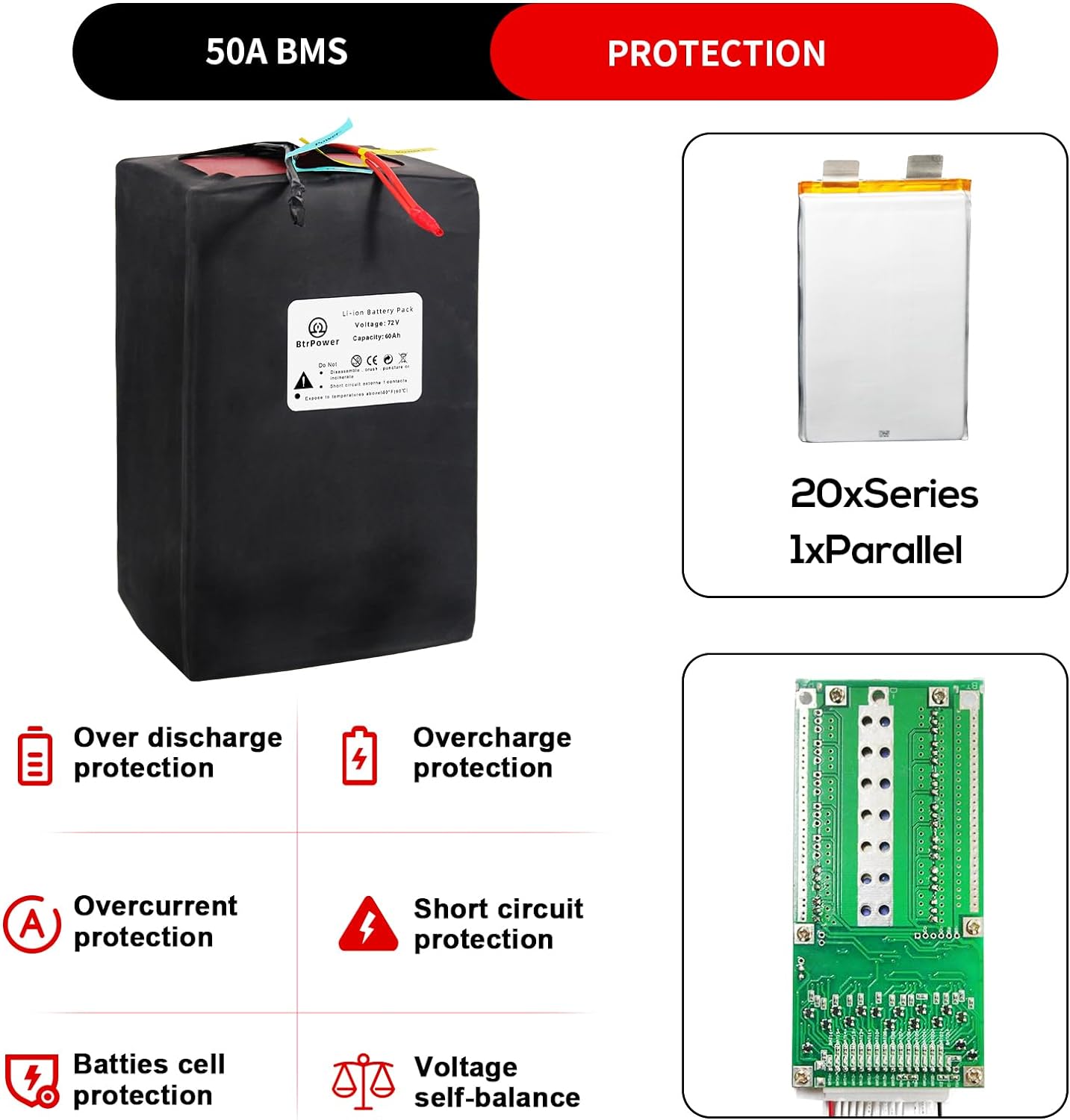 72V 60Ah Lithium Li-ion Battery Pack for 500W-2500W EBike Electric Scooter 50A/80A BMS