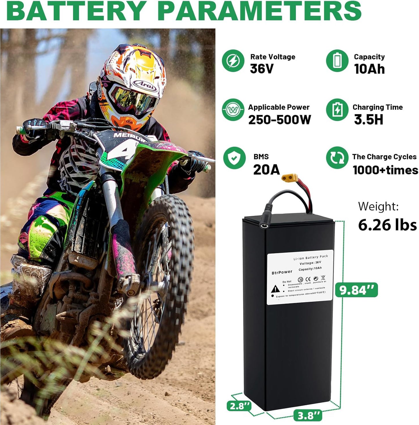 BtrPower Ebike Battery 36V 10AH, Li- ion Battery Pack with 3A Charger and BMS