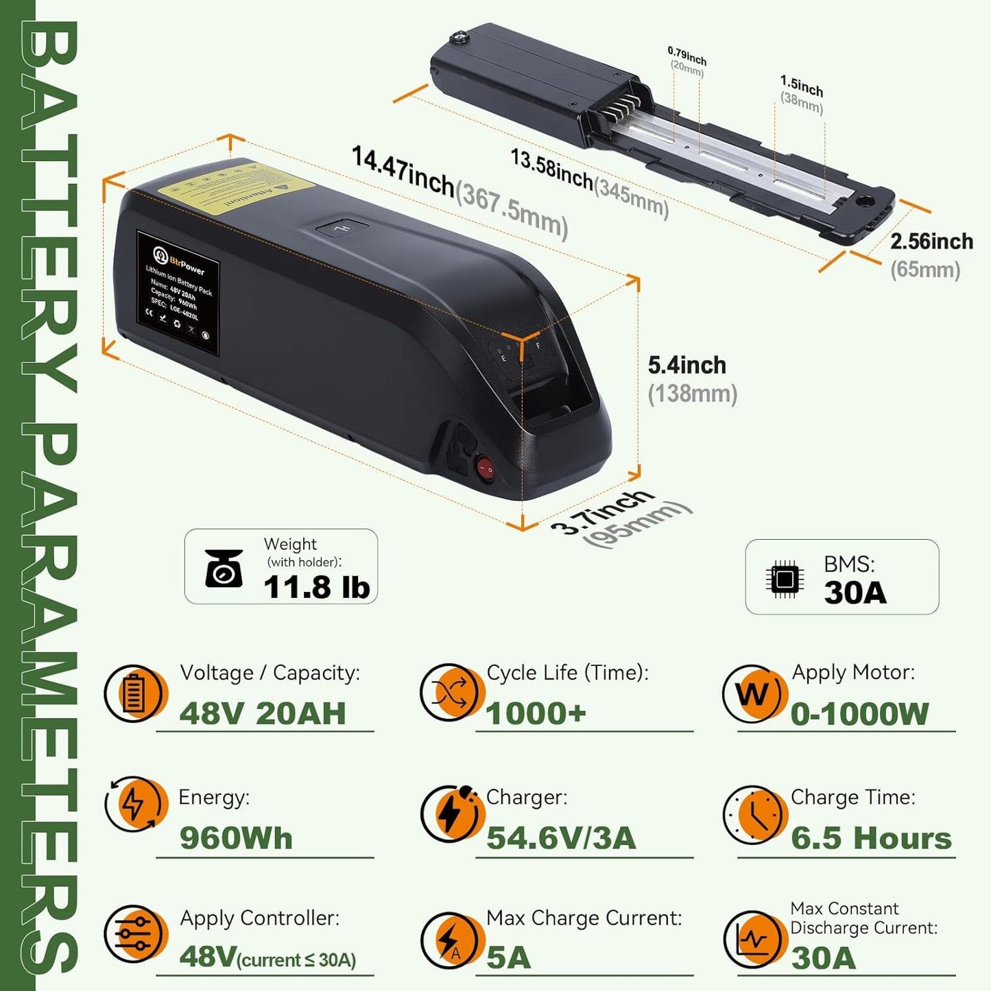 BtrPower 48V 20Ah Hailong Ebike Battery for Electric Bike Motor Lithium Battery 30A BMS