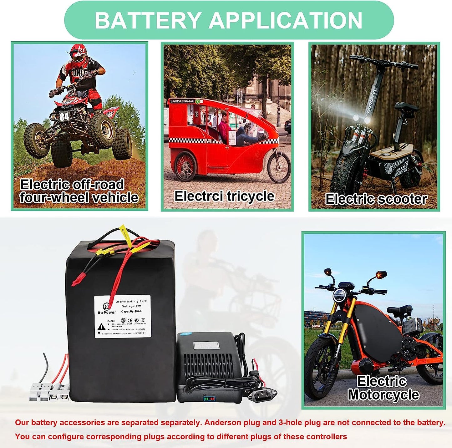 BtrPower Ebike Battery 72V 20AH LiFePO4 Battery Pack with 5A Charger 50A BMS