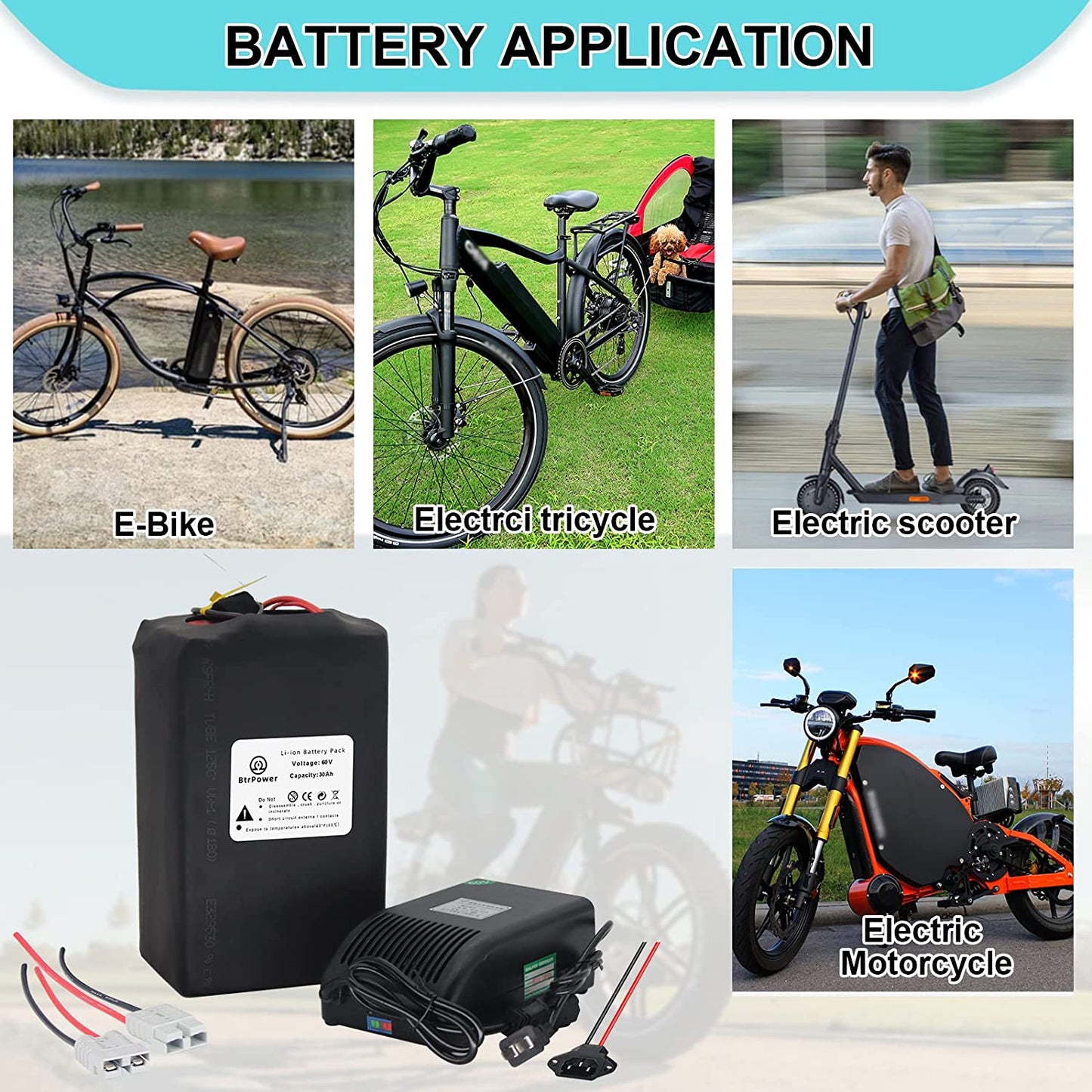 BtrPower EBike Battery 60V 30AH Li-ion Battery Pack with 5A Charge 50A BMS