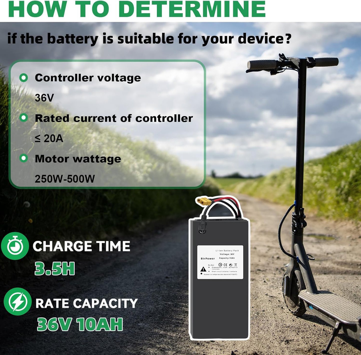 BtrPower Ebike Battery 36V 10AH, Li- ion Battery Pack with 3A Charger and BMS