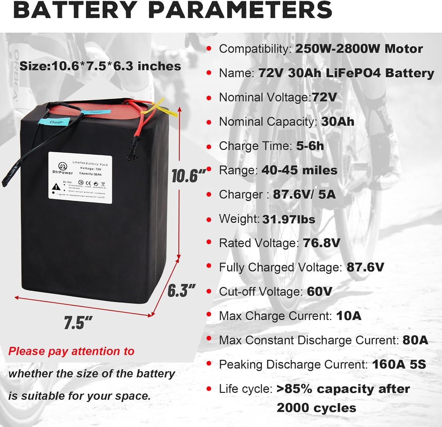BtrPower Ebike Battery 72V 30AH LiFePO4 Battery Pack with 5A Charger 80A BMS