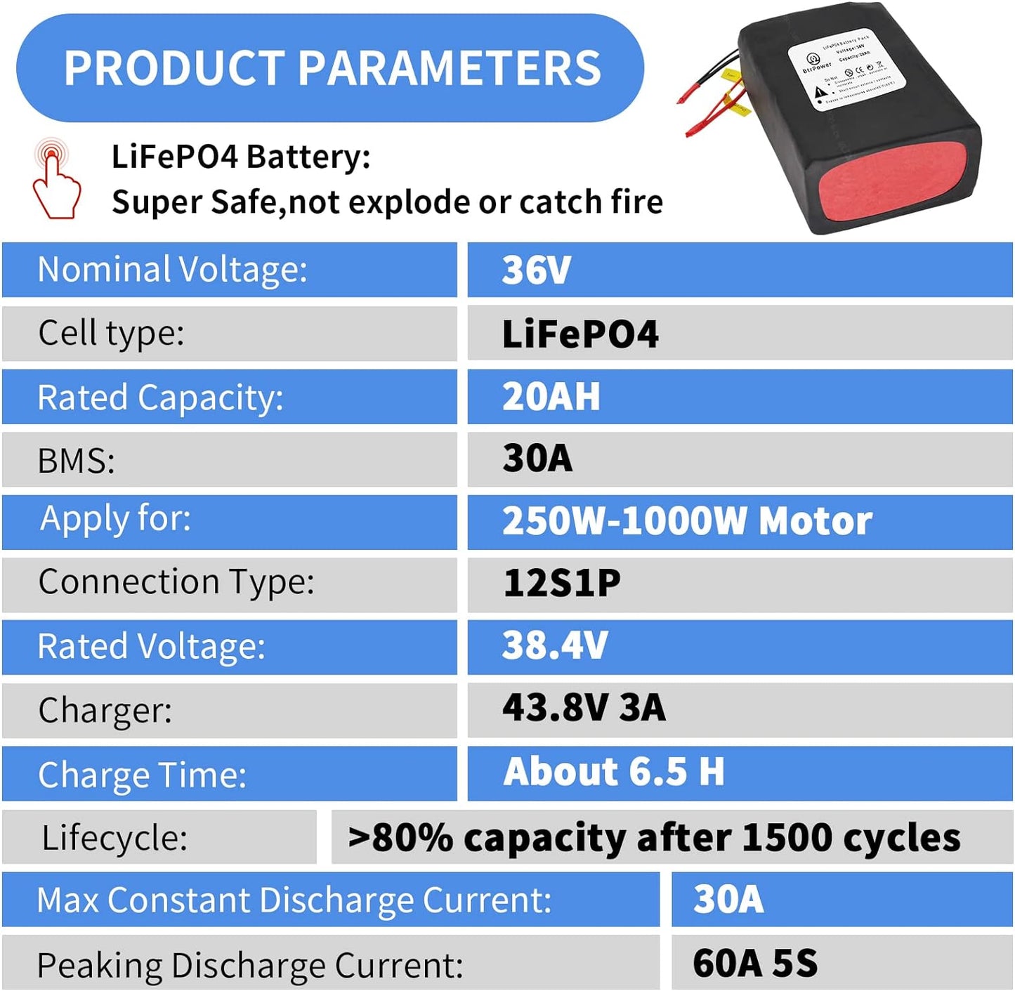 BtrPower Ebike Battery 36V 20AH LiFePo4 Battery Pack with 3A Charger, 30A BMS