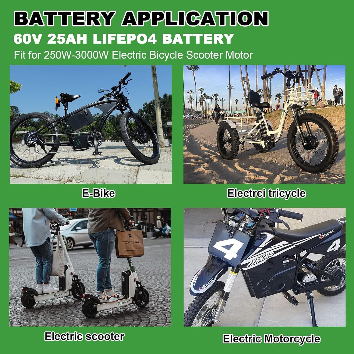 Electric Bike Ebike 60V 25Ah LiFePO4 Battery Pack for 250-1500W Trike Motor 50A BMS
