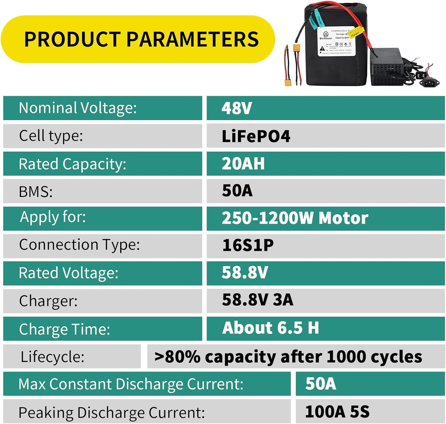 Ebike Battery 48V 20AH LiFePO4 Battery Pack with 3A Charger with 50A BMS