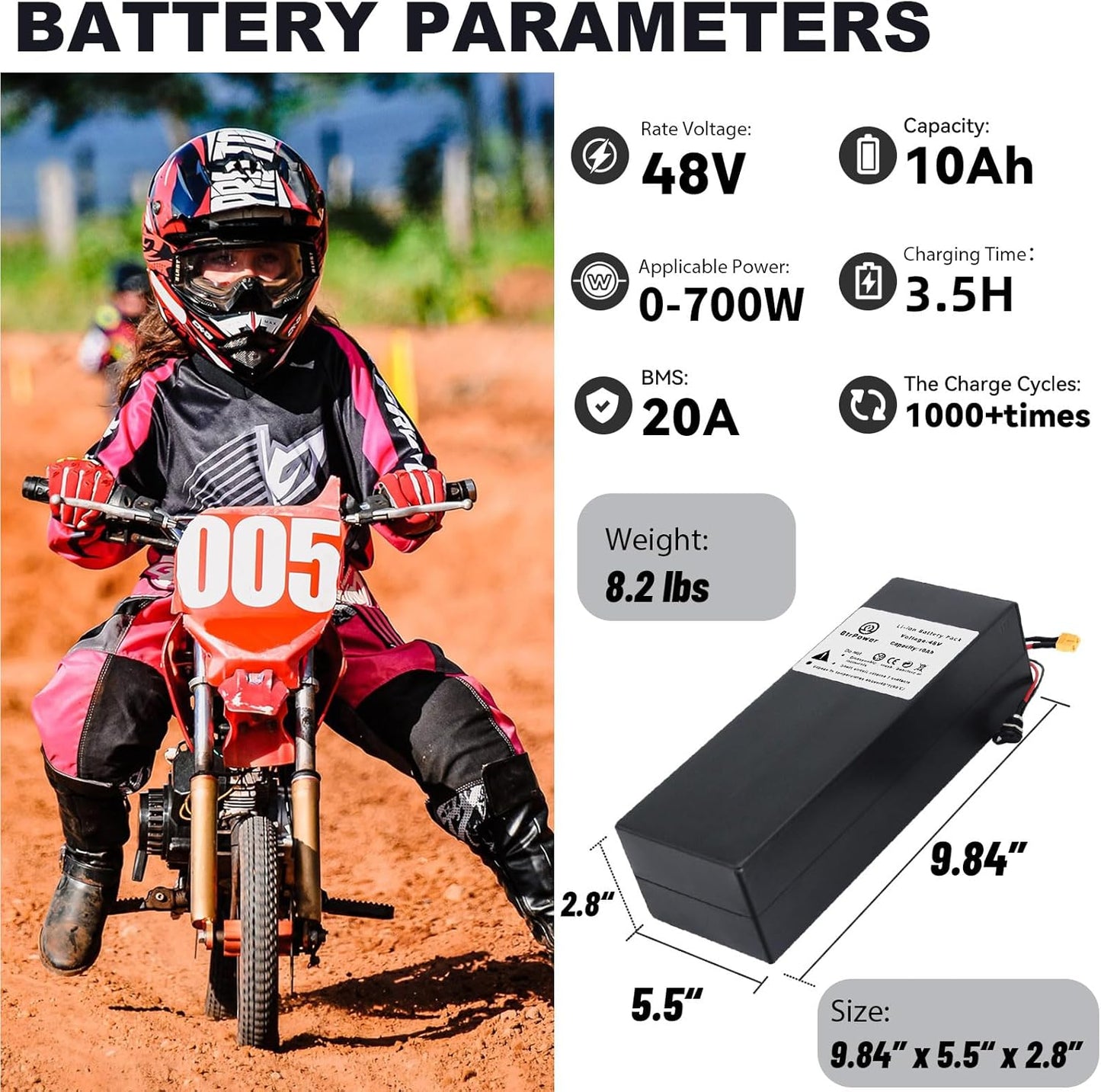 BtrPower Ebike Battery 48V 10AH, Li- ion Battery Pack with 3A Charger and 20A BMS