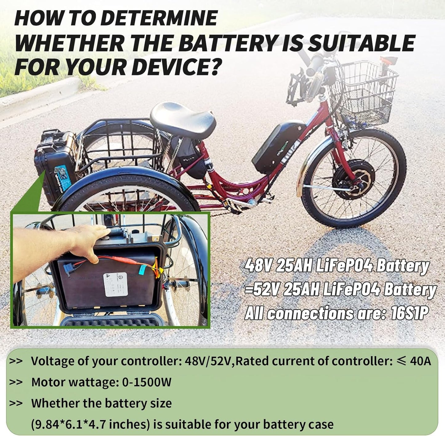BtrPower Ebike Battery 48V 25AH LiFePo4 Battery Pack with 5A Charger, 40A BMS