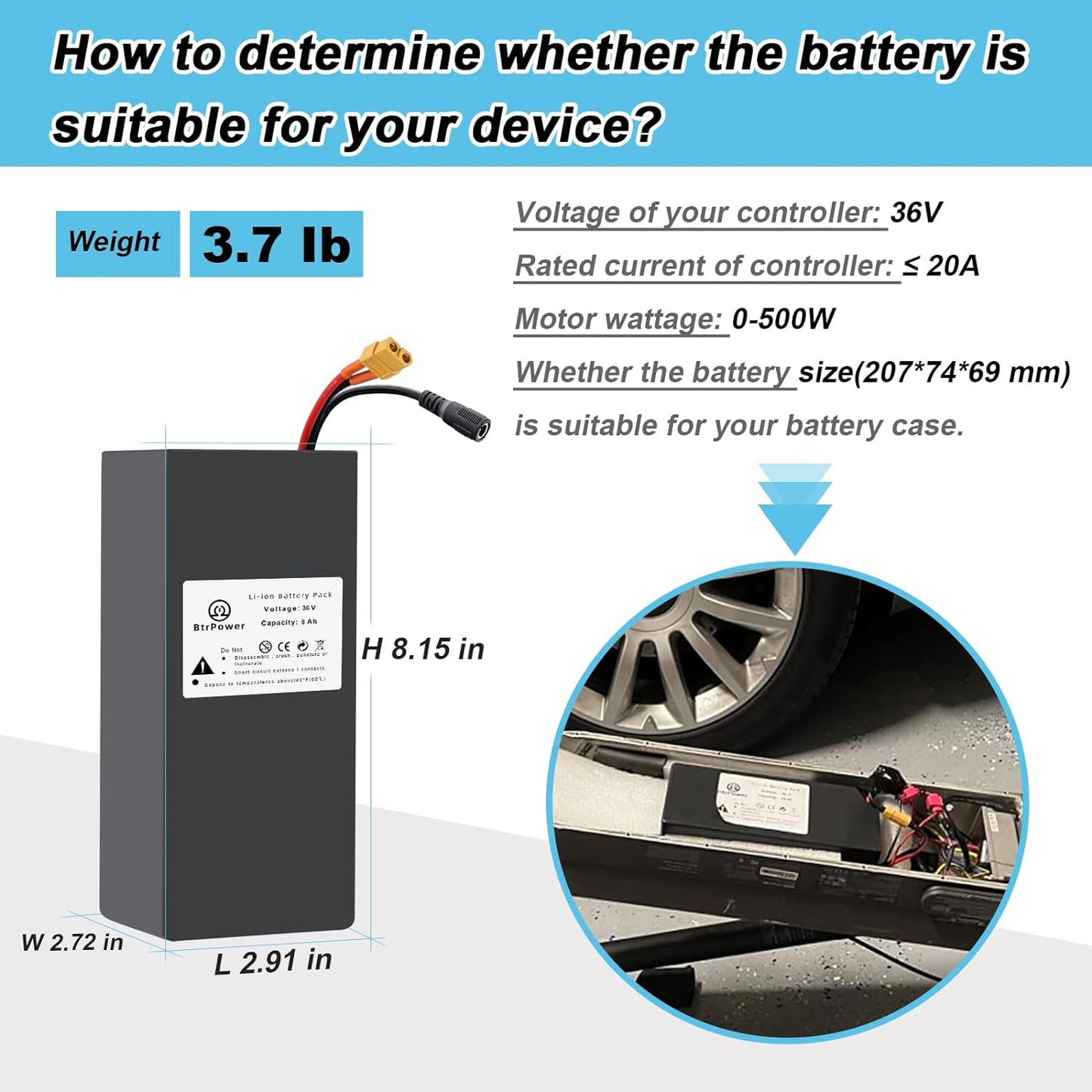 BtrPower Ebike Battery 36V 8AH, Li- ion Battery Pack with 2A Charger and 20A BMS
