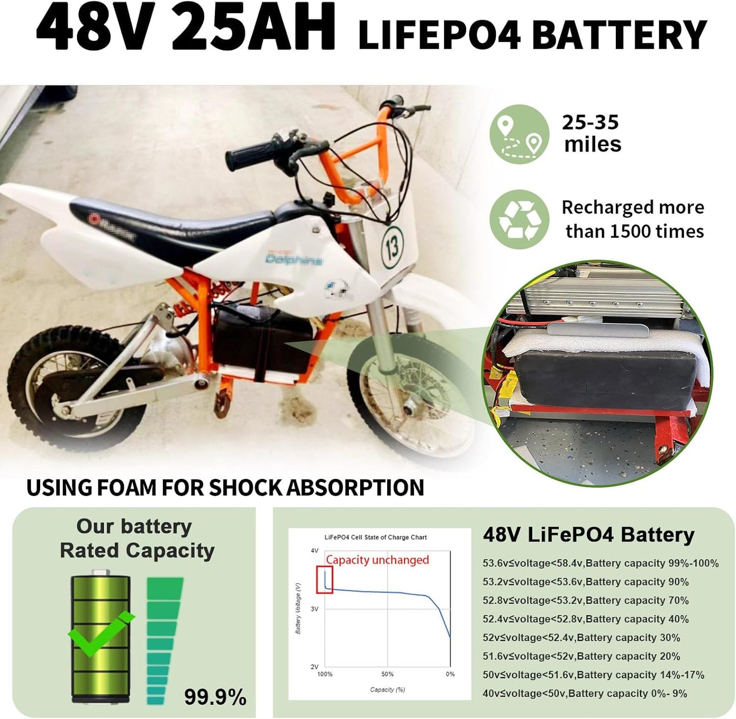 BtrPower Ebike Battery 48V 25AH LiFePo4 Battery Pack with 5A Charger, 40A BMS