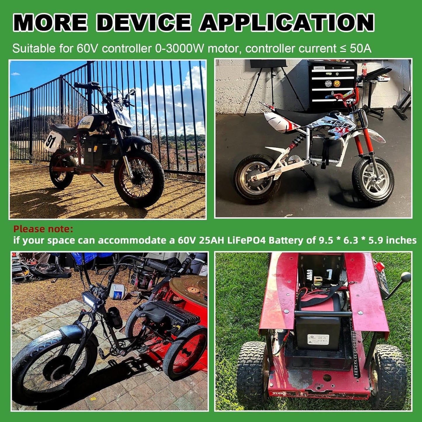Electric Bike Ebike 60V 25Ah LiFePO4 Battery Pack for 250-1500W Trike Motor 50A BMS