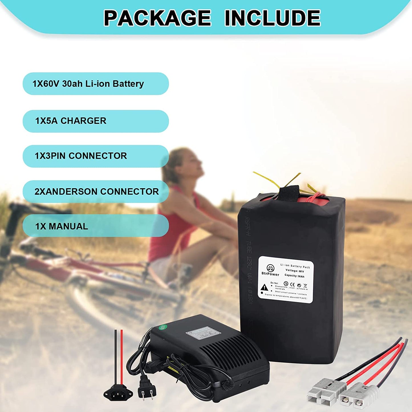 BtrPower EBike Battery 60V 30AH Li-ion Battery Pack with 5A Charge 50A BMS