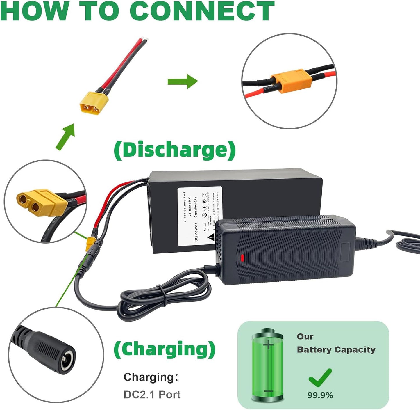 BtrPower Ebike Battery 36V 10AH, Li- ion Battery Pack with 3A Charger and BMS