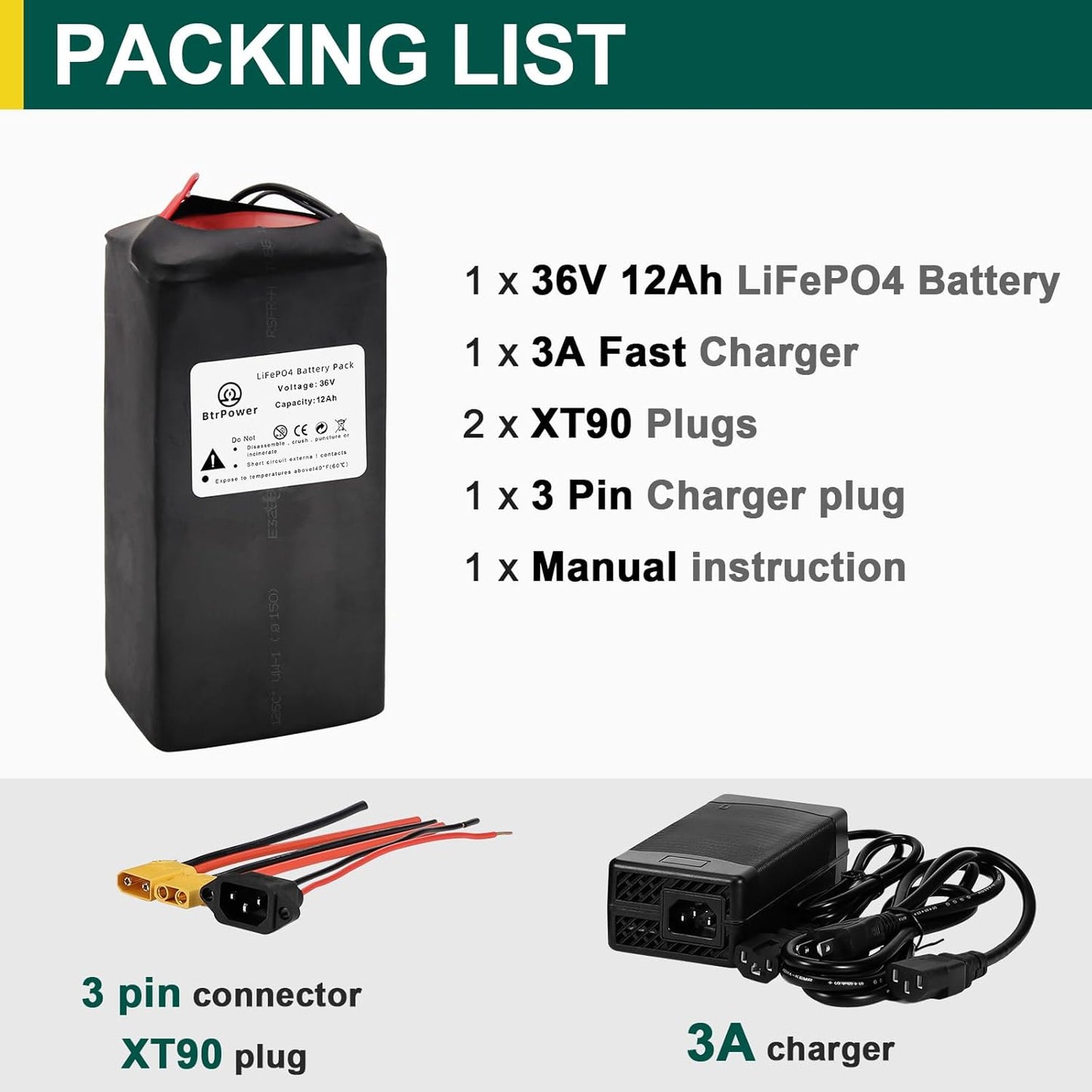 BtrPower 36V 12AH Ebike Battery LiFePO4 Battery Pack with 3A Charger 30A BMS for 0W-500W Motor