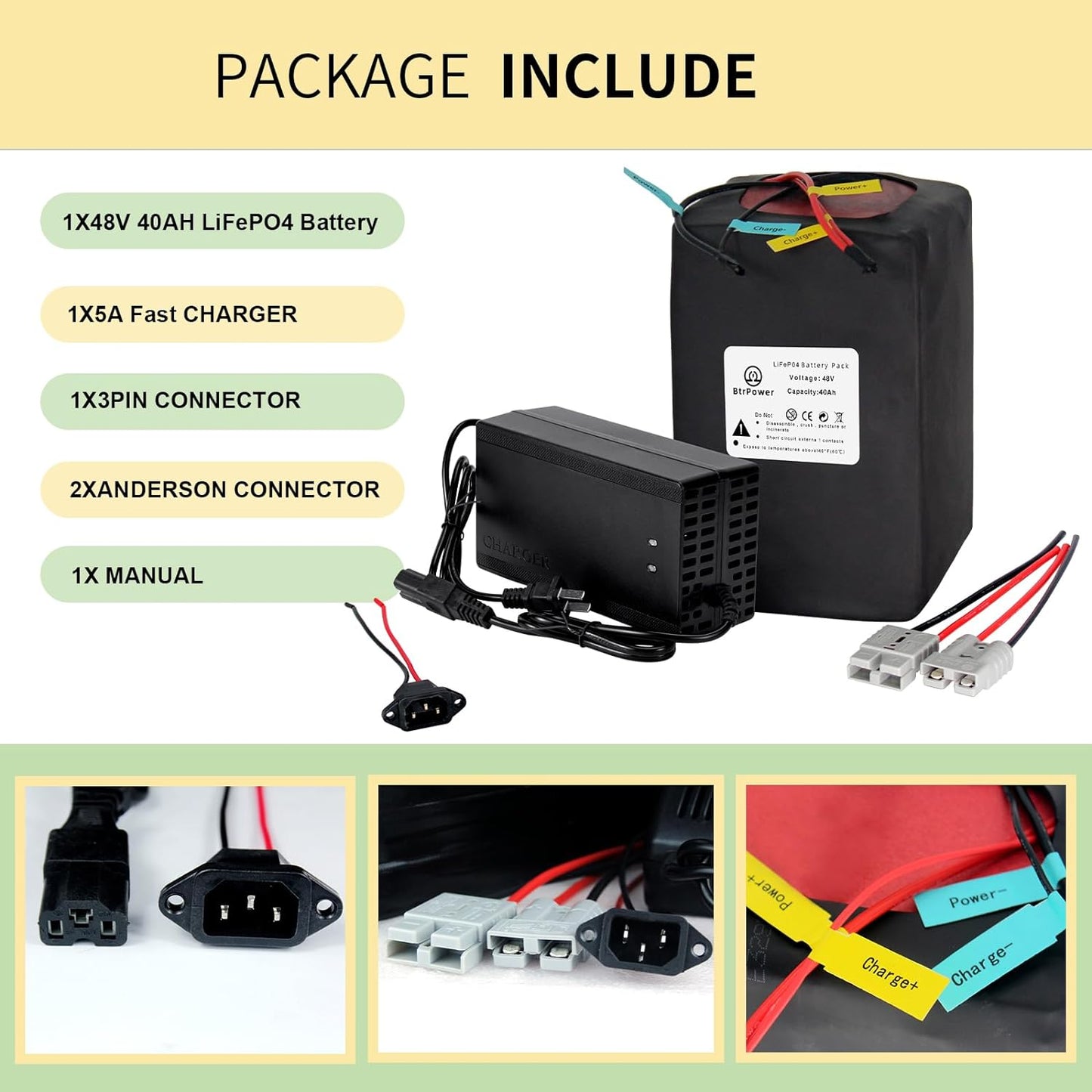 BtrPower Ebike Battery 48V 40AH LiFePO4 Battery Pack with 5A Charger, 50A BMS