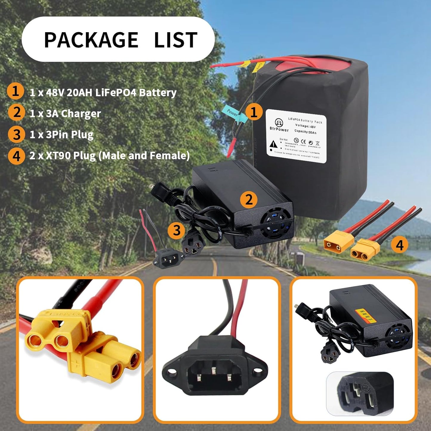 BtrPower Ebike Battery 48V 20AH LiFePO4 Battery Pack with 3A Charger,40A BMS