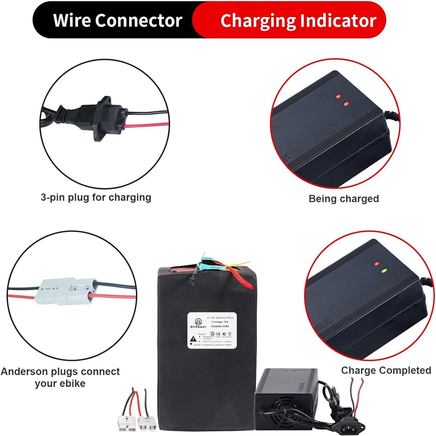 72V 60Ah Lithium Li-ion Battery Pack for 500W-2500W EBike Electric Scooter 50A/80A BMS