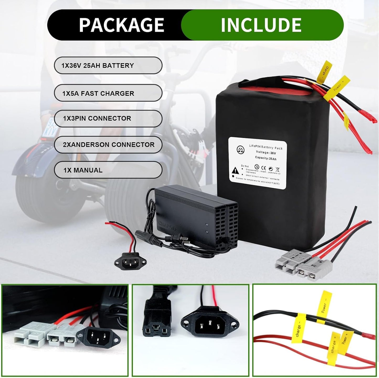 36V 25Ah Ebike Battery Pack Lithium LiFePO4 for Scooter Electric Bike 50A BMS