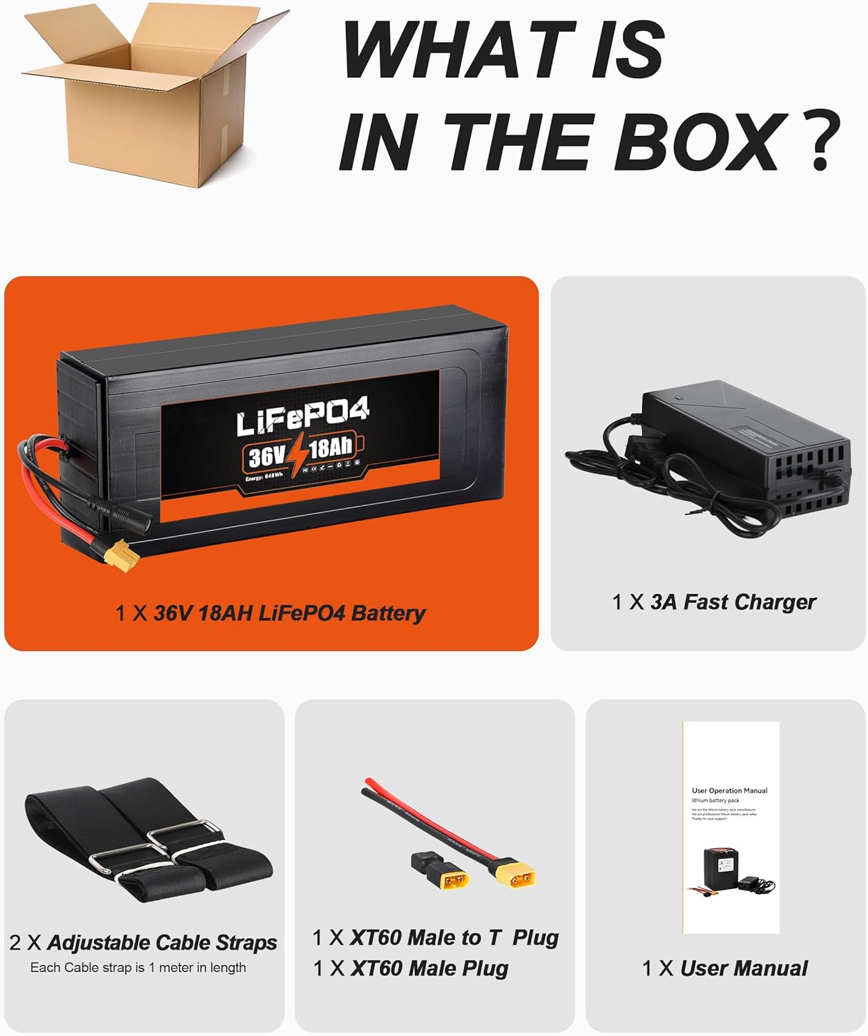 BtrPower 36V 18Ah Lifepo4 Ebike Battery Pack for Electric Bike Motor Scooter Lithium Battery 30A BMS
