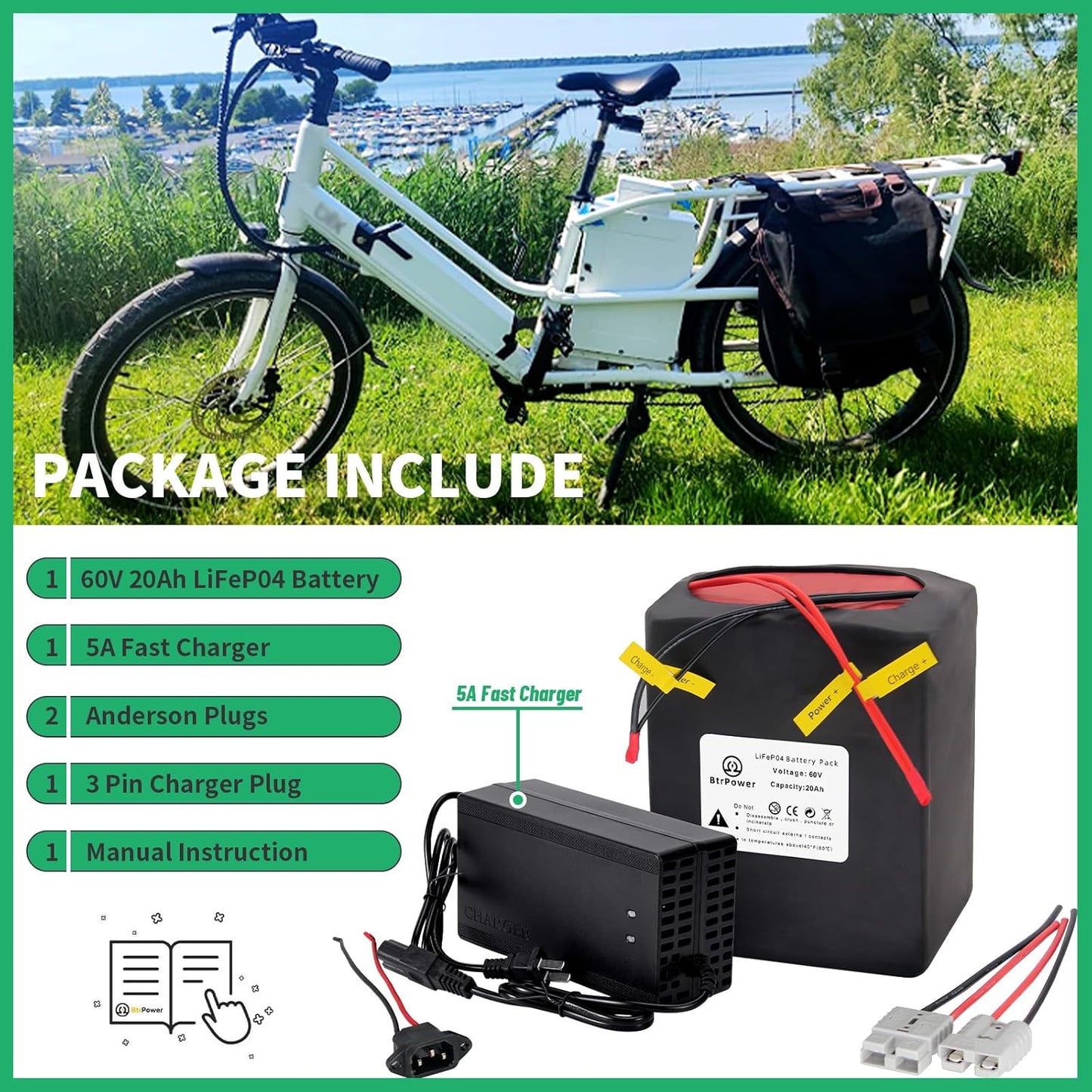 BtrPower Ebike Battery 60V 20AH LiFePO4 Battery Pack with 5A Charger ,50A BMS