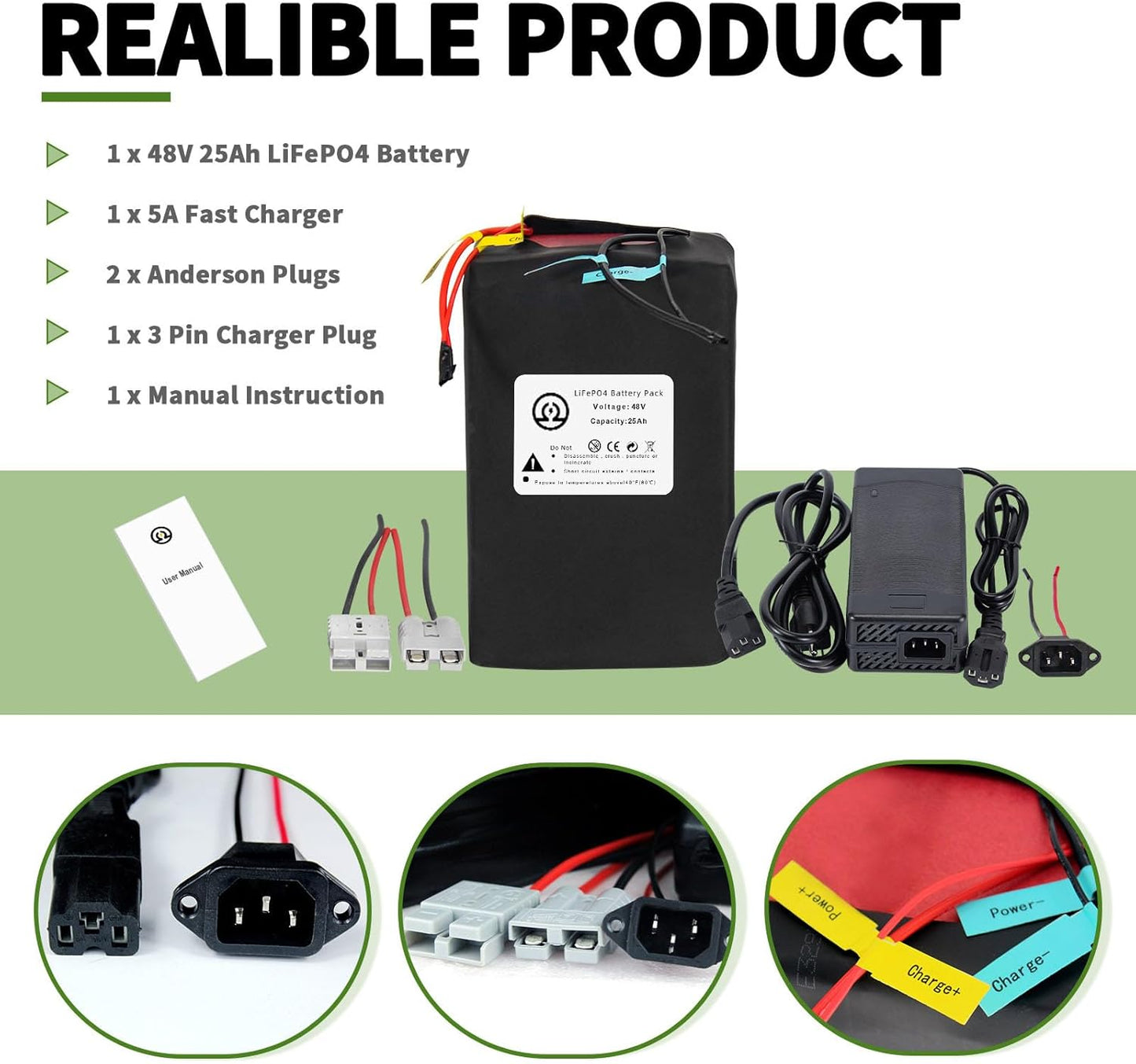 BtrPower Ebike Battery 48V 25AH LiFePo4 Battery Pack with 5A Charger, 40A BMS