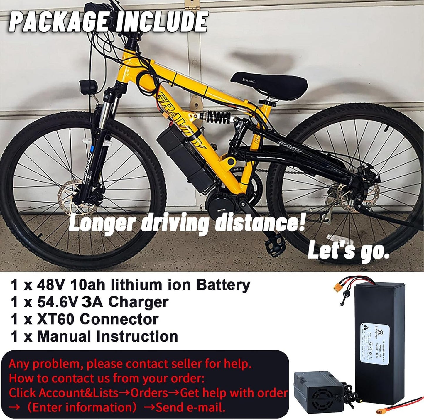 BtrPower Ebike Battery 48V 10AH, Li- ion Battery Pack with 3A Charger and 20A BMS