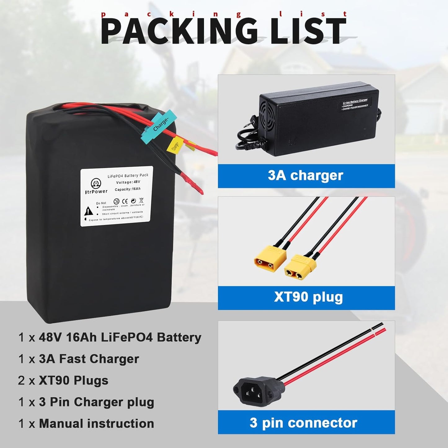 48V 16Ah Ebike Battery Pack LiFepo4 Lithium Batteries for 250W-750W Electric Bike Scooter 40A BMS