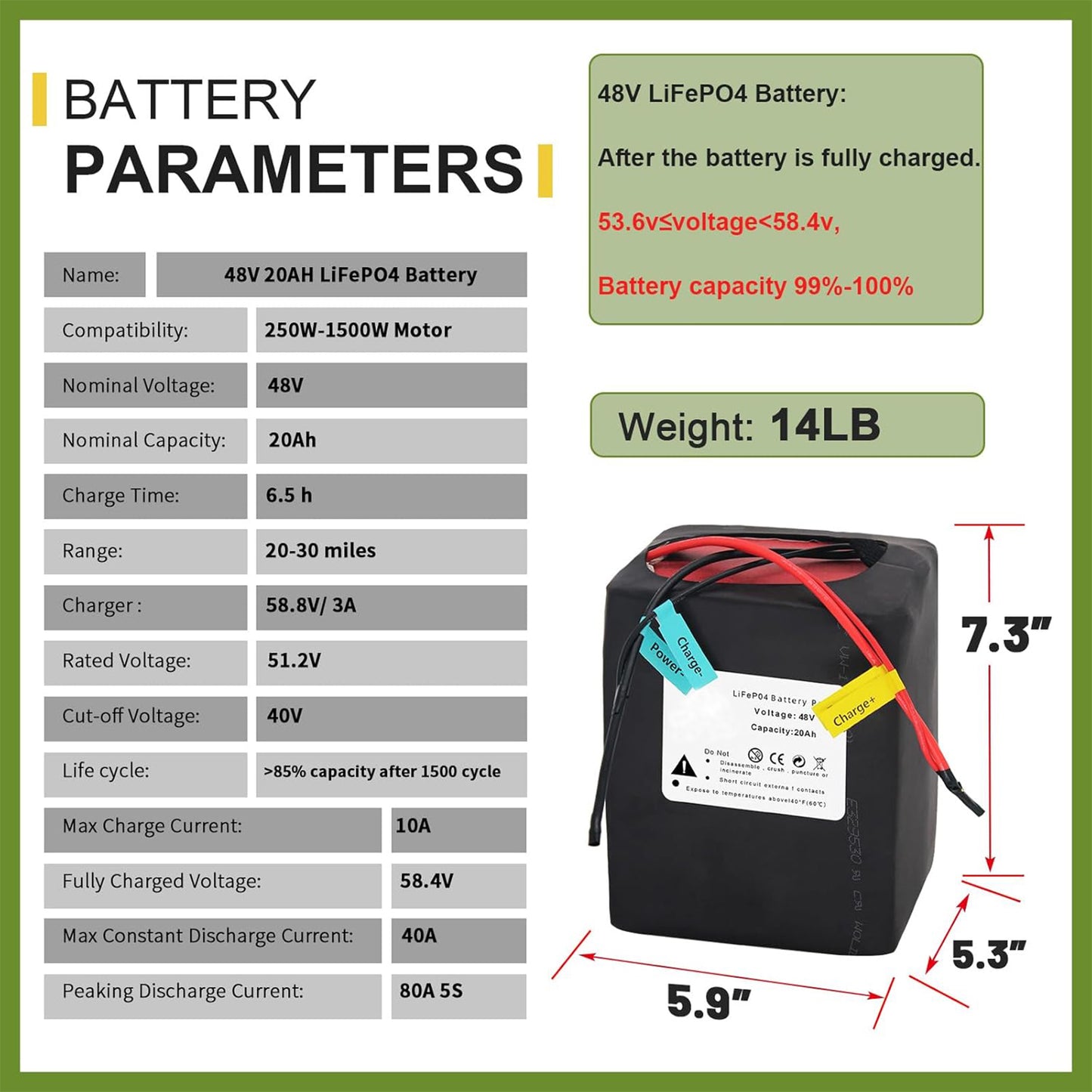 BtrPower Ebike Battery 48V 20AH LiFePO4 Battery Pack with 3A Charger,40A BMS