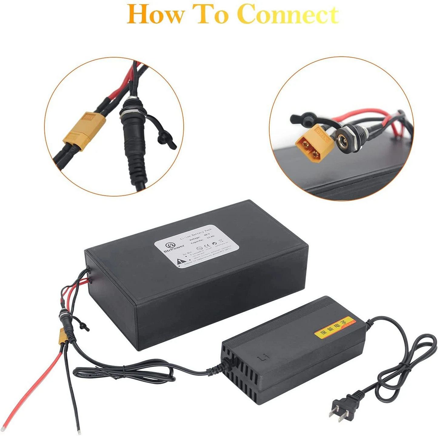 BtrPower Ebike Battery 48V 15AH, Li- ion Battery Pack With 3A Charger and 30A BMS