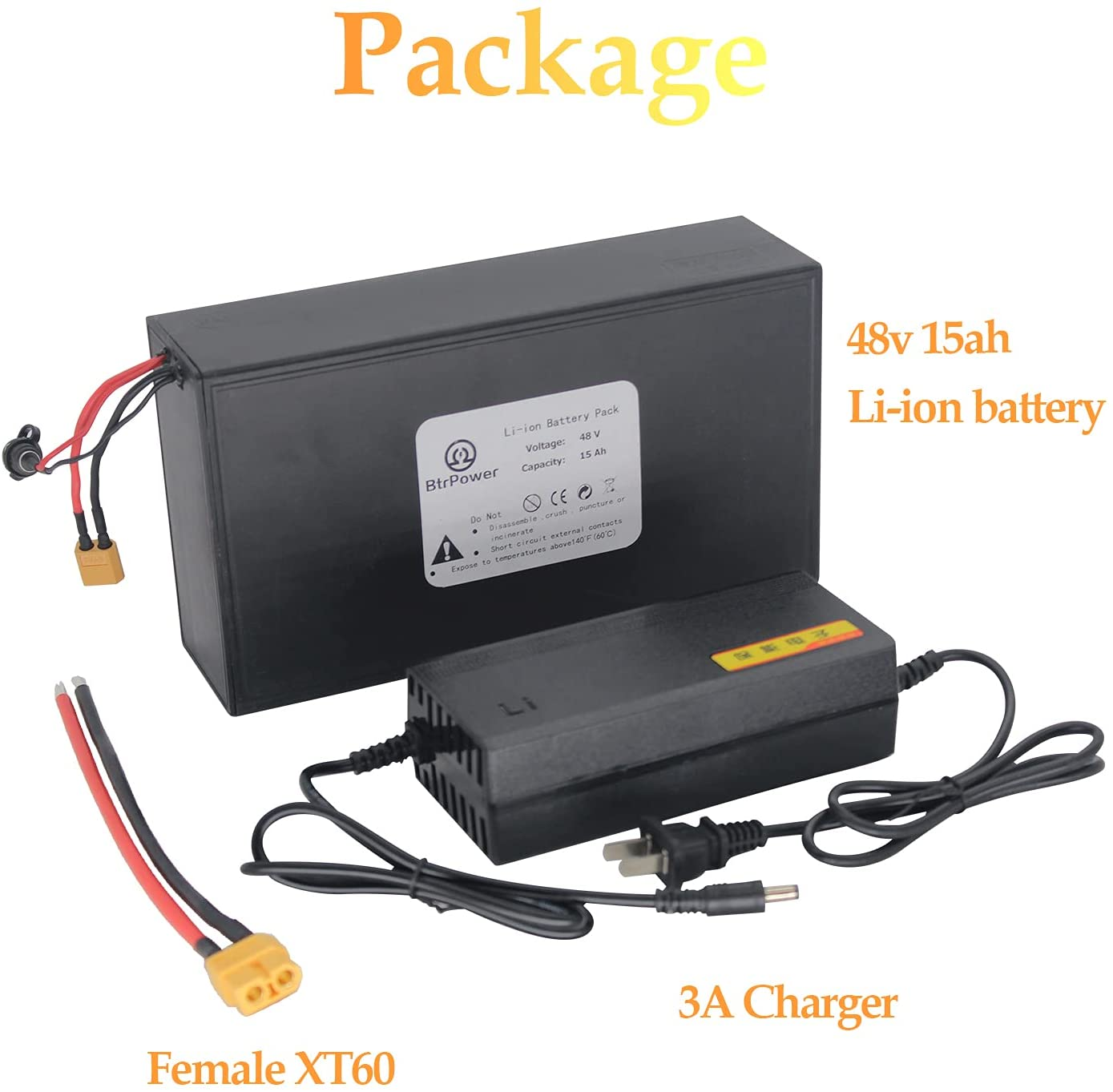 BtrPower Ebike Battery 48V 15AH, Li- ion Battery Pack With 3A Charger and 30A BMS