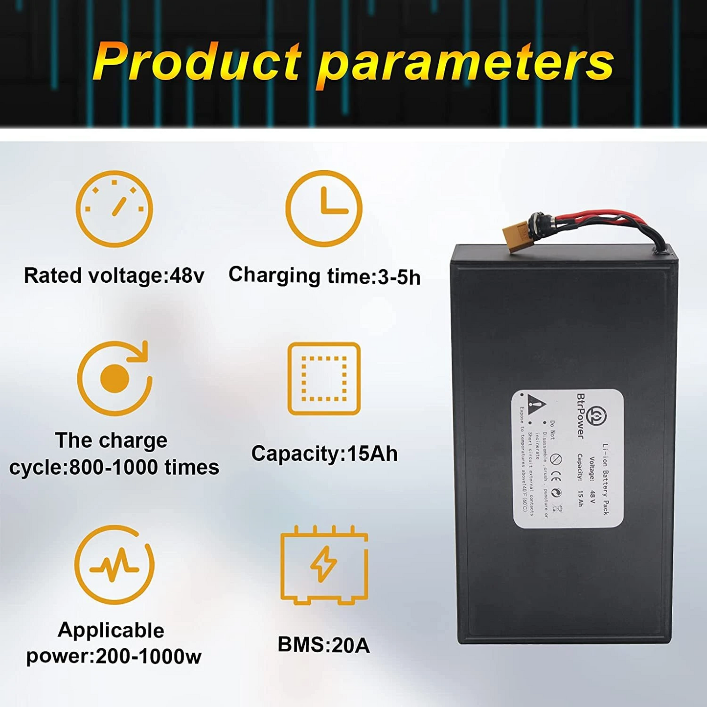 BtrPower Ebike Battery 48V 15AH, Li- ion Battery Pack With 3A Charger and 30A BMS