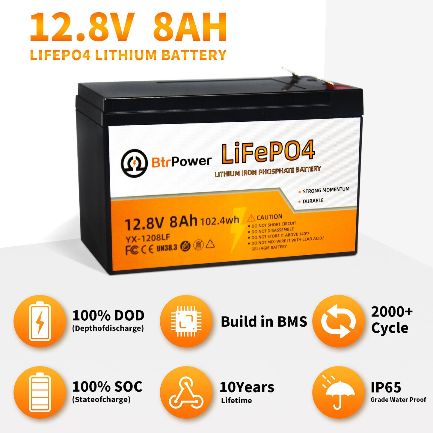 BtrPower LiFePO4 12V 8AH Deep Cycle Lithium Battery Rechargeable for RV Boat Solar Home